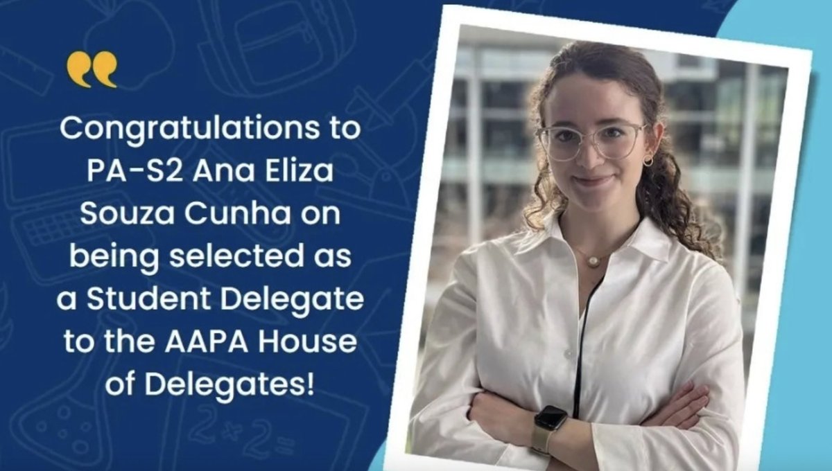 Yale Physician Associate Program (@yalepaprogram) on Twitter photo Congratulations to PA-S2 Ana Eliza Souza Cunha, who has been named one of only 21 <a href="/AAPAorg/">American Academy of Physician Associates</a> Student Delegates! As part of the larger
House of Delegates, she will vote on a wide range of
policies, including PA privileges; health promotion and
disease prevention. Congratulations to PA-S2 Ana Eliza Souza Cunha, who has been named one of only 21 <a href="/AAPAorg/">American Academy of Physician Associates</a> Student Delegates! As part of the larger
House of Delegates, she will vote on a wide range of
policies, including PA privileges; health promotion and
disease prevention.
