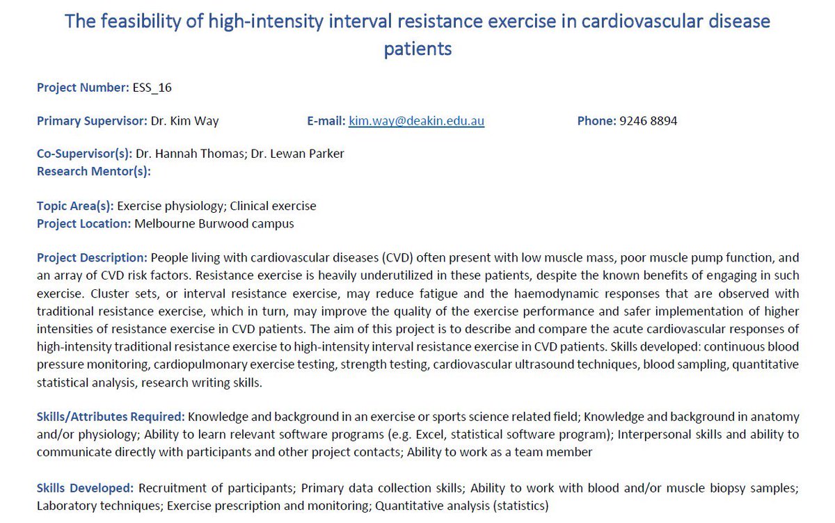 📢 We are looking for an Honours student to complete one of the projects below 👇 if you’re interested in exercise physiology, cardiovascular disease and health, these could be of interest to you. Please get in touch and share with those who may be interested 👩‍🔬