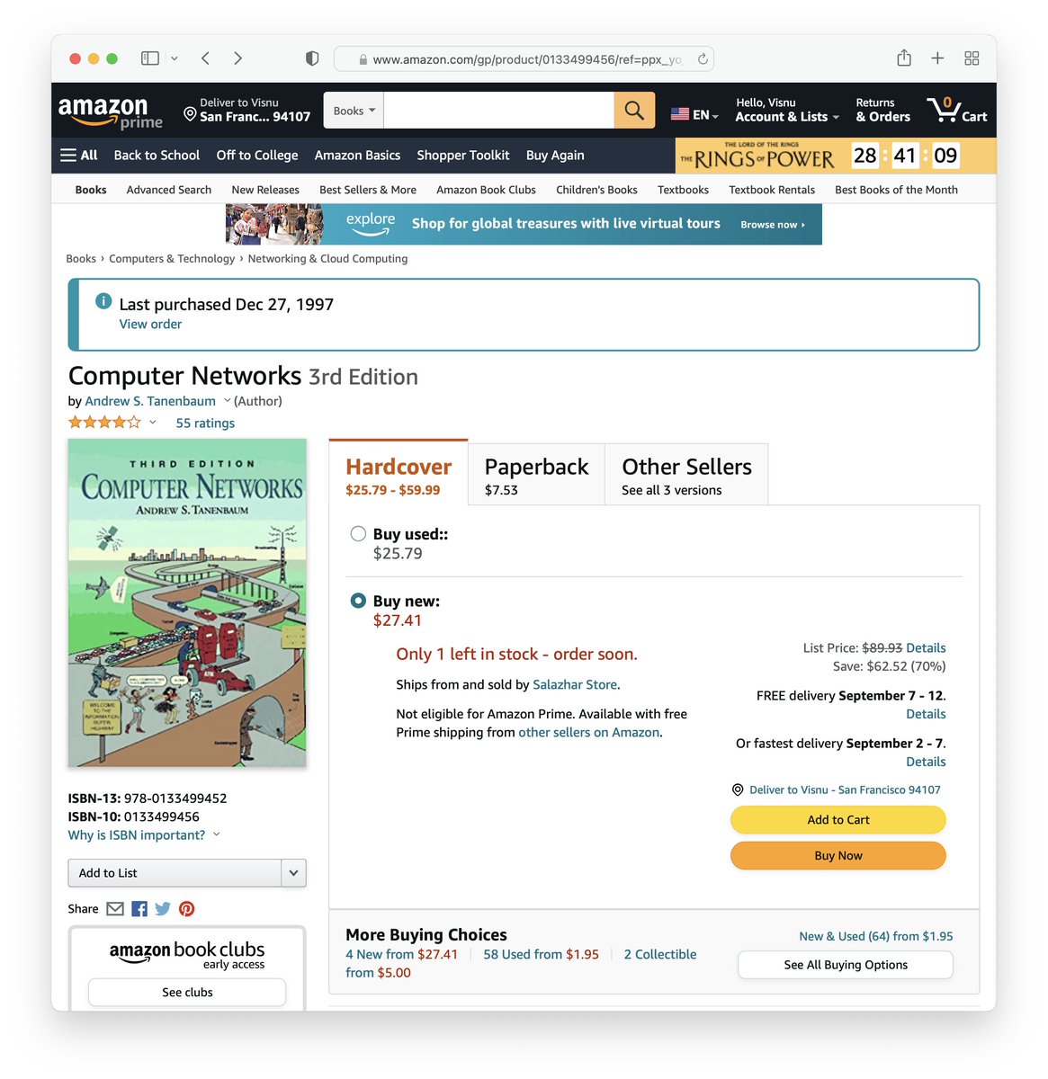 visnup's tweet photo. Was on a computer textbook page on Amazon recently and WOW weird nostalgia hit…

I had to find my first Amazon order, ever: "Last purchased Dec 27, 1997". I paid $55.30 plus $7.95 for SHIPPING AND HANDLING.😮 WHAT SUCKER PAYS FOR SHIPPING AND HANDLING? (no tax though…😉) https://t.co/KSmi5P5zI0