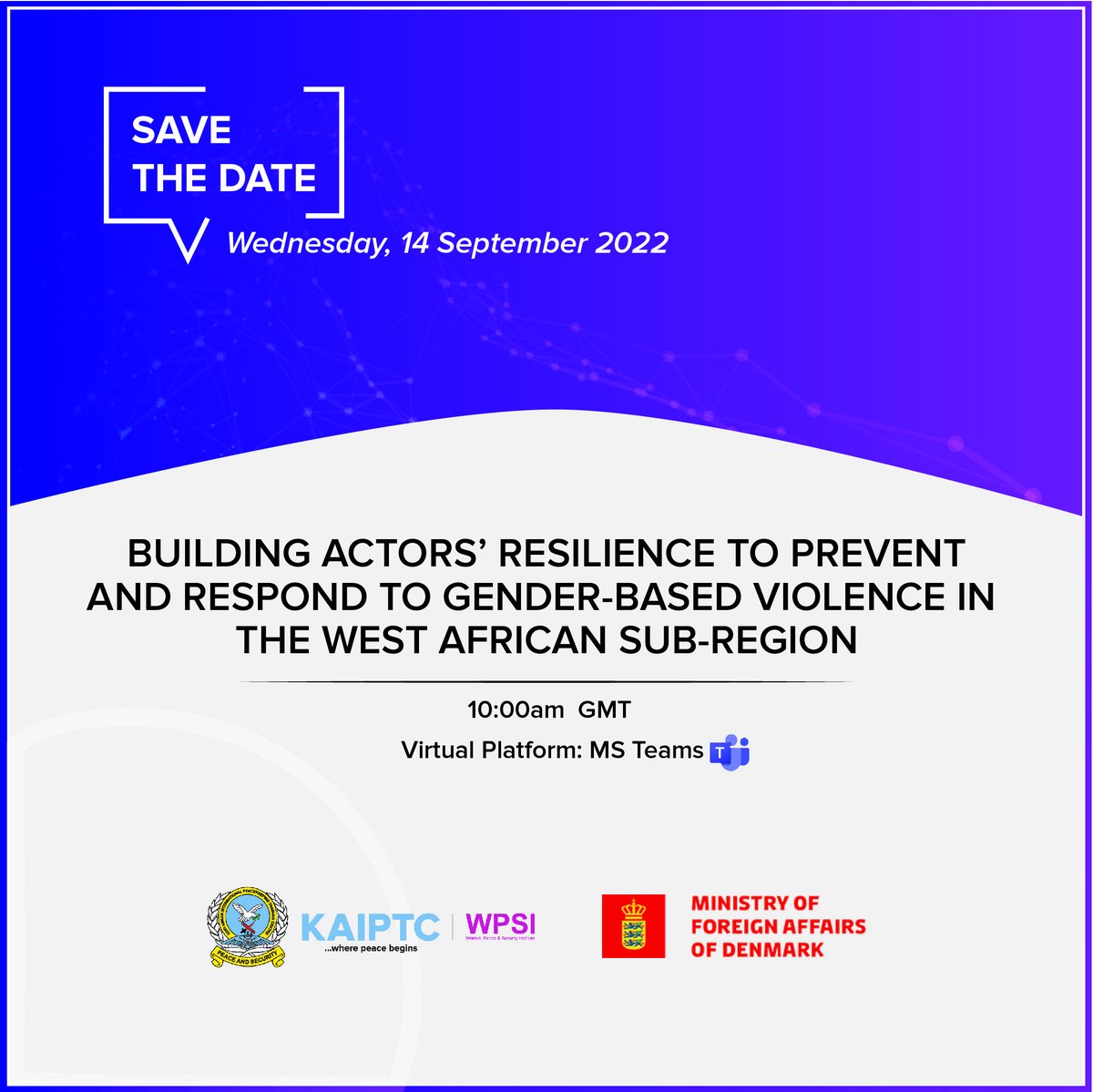KaiptcGh's tweet photo. @wpsi_kaiptc &amp; @DanishMFA are partnering to organize a webinar on Wed, 14 Sept at 10am GMT on the theme; “Building Actors Resilience to Prevent and Respond to Gender-Based Violence in the West African Sub-Region”. Click link to join for free; https://t.co/27RKBcBNgW. @DKAmbGhana https://t.co/1kyTBqYHwO