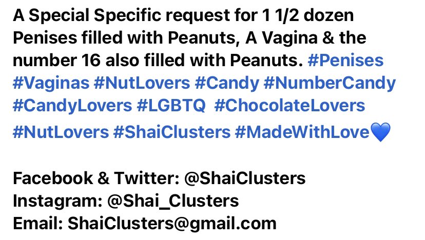 ShaiClusters's tweet photo. #Penises  #Vaginas #NutLovers #Candy #NumberCandy #CandyLovers #LGBTQ  #ChocolateLovers #NutLovers #ShaiClusters #MadeWithLove💙 
Facebook &amp; Twitter: @ShaiClusters
Instagram: @Shai_Clusters 
Email: ShaiClusters@gmail.com https://t.co/7hFTLU5sim