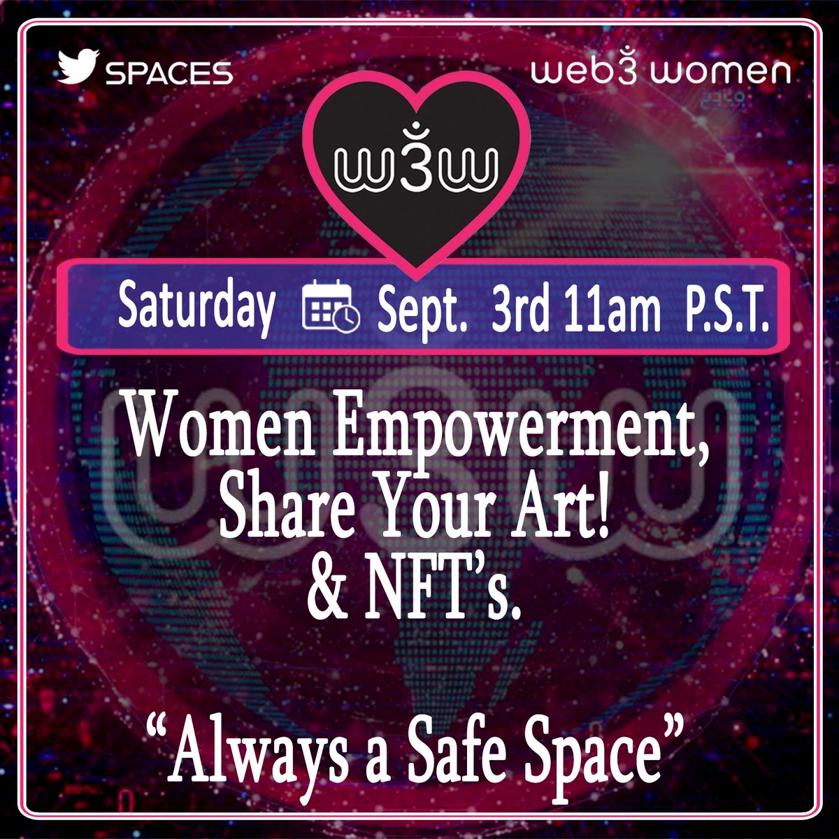 Web3WomenCommun's tweet photo. Saturday 11 am PST #twitterspaces with the amazing #Web3Women community! 

W3W wants 2 hear your thoughts on #WomenEmpowerment &amp; #shareyourart.

Set a reminder 4 the upcoming Space! 
https://t.co/XEs1b3nLWk

2 Random  Retweets will get a Free W3W NFT at launch, chosen in spaces. https://t.co/2KlGs6j8Mu
