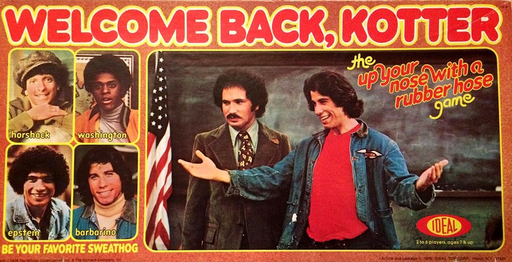 nostalgiapix25's tweet photo. Welcome Back, Kotter board game. (1976) The ‘up your nose with a rubber hose’ game. #1970s #game #boardgame #WelcomeBackKotter #vintage #classic #nostalgia #Horshack #Washington #Epstein #Barbarino https://t.co/hTJH527FeZ