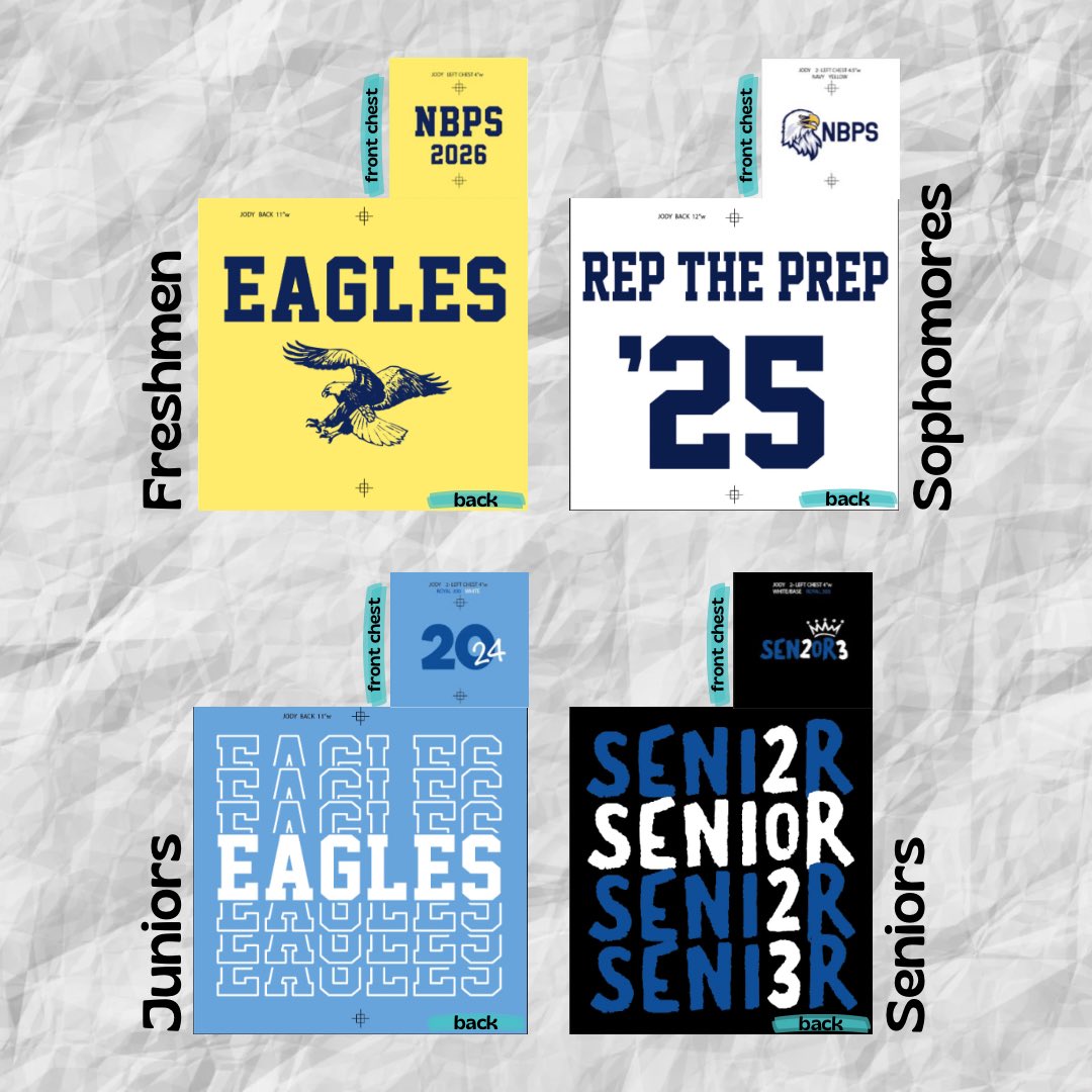 nbstugov's tweet image. From Tuesday 9/6 - Friday 9/9 we’re selling class t-shirts!
During all three lunches, grades 9-11 can stop in HSSU and 12th Grade can stop by the senior parking lot & all grades can stop in the HSSU after school. Tees are $20 each, pay cash or check (to NBPS). Buy while you can!