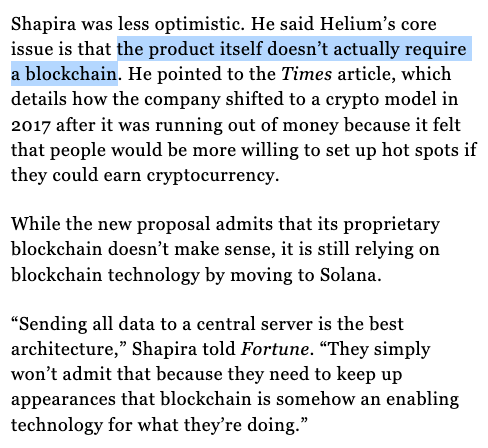 liron's tweet photo. Amazing, never would've seen a headline like this in mainstream press three months ago.

Folks need to hear that Blockchain is *not* enabling technology for anything except decentralized double-spend prevention.

That's the lesson from @Helium's missteps.

https://t.co/RVqWqFiBa7 https://t.co/ISbJY3os7M