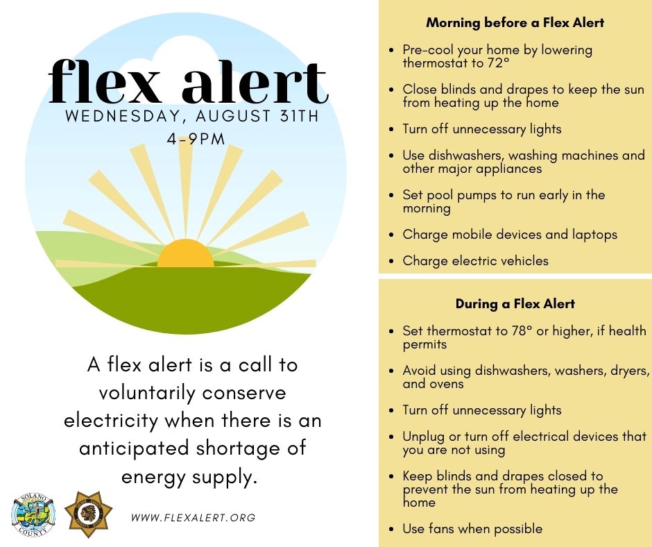California ISO has issued a #FlexAlert for today, Aug 31st from 4pm to 9pm. This is a call to voluntarily conserve electricity.
