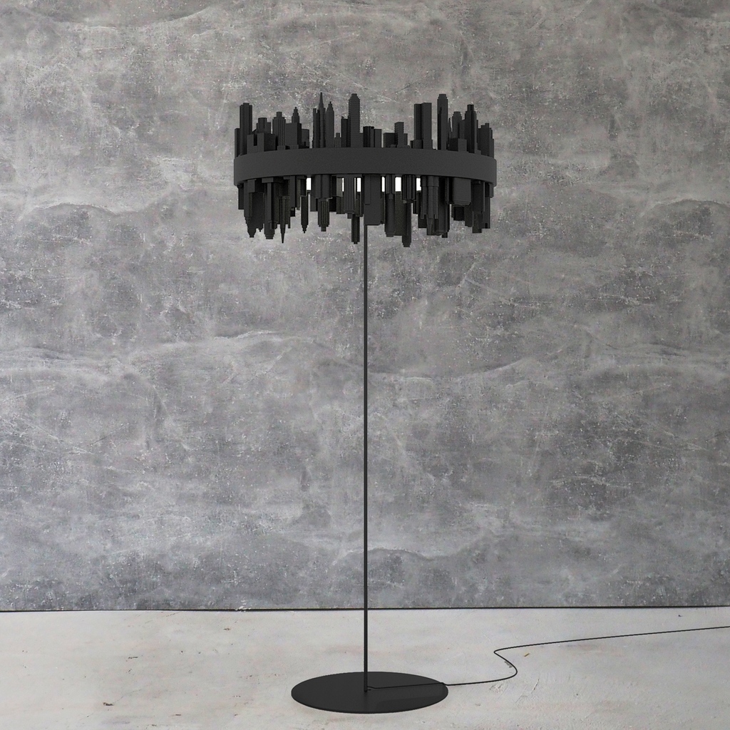 MesmerizeD_it's tweet image. The standing light boasts a slimmer line and stylish mat black finish. Beyond its smooth curve lies a dark city, reminiscent of a neo-noir atmosphere, filled with dramatic shadows, patterns, and stark light/dark contrasts. 

Visit: mesmerized.it/products/city-…

#standinglight #product