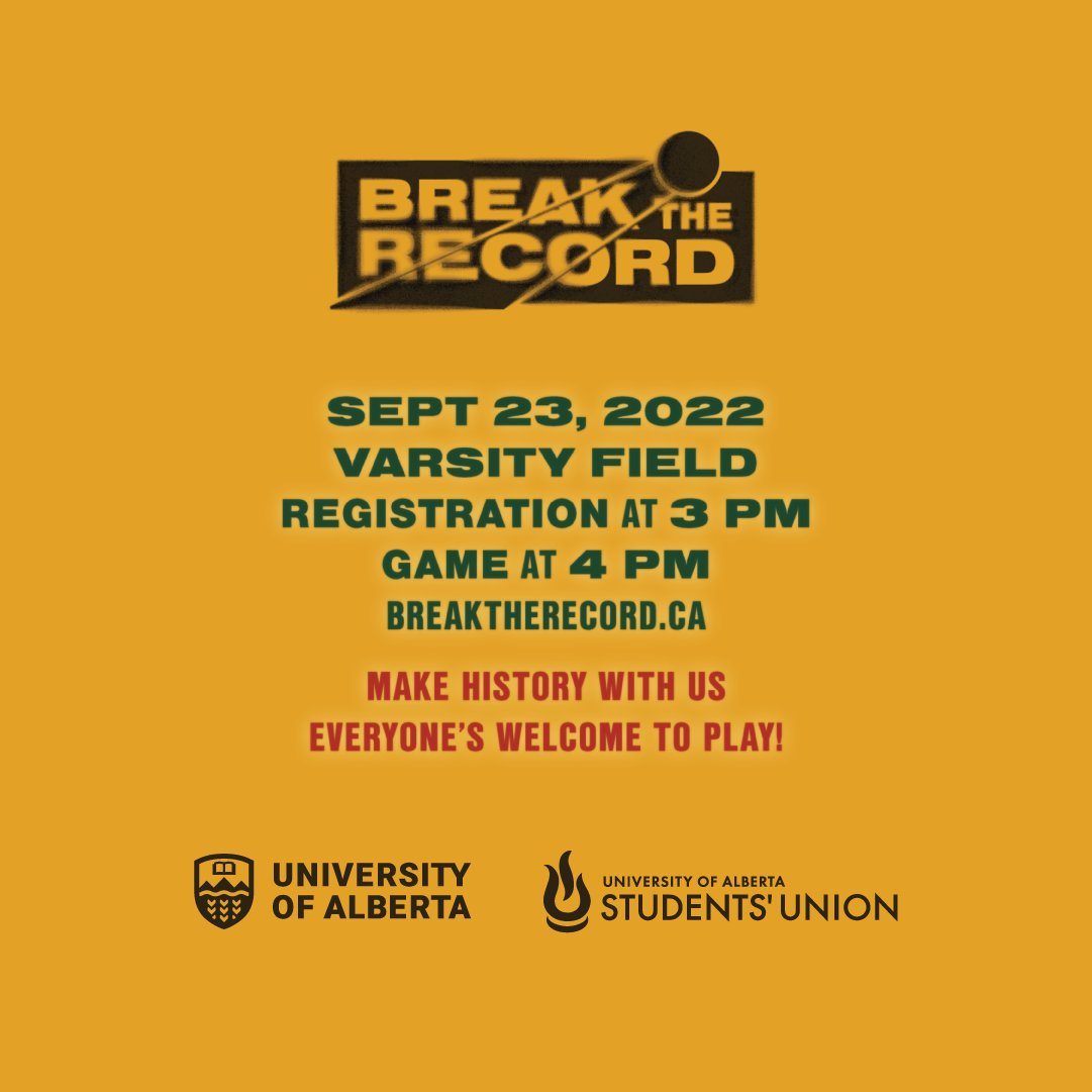 UASUualberta's tweet image. Join us on September 23 as we re-take the record for the World’s Largest Dodgeball Game! We need 6,500 #ualberta students, staff, and alumni to throw 1,625 dodgeballs on Varsity Field @ North Campus. 

Keep   👀  on our accounts for more info, and tell everyone you know. LFG!