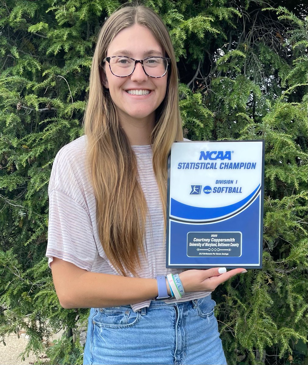 Always nice to start the semester with an award! Not only did @UMBCSoftball's Courtney Coppersmith start classes for her Chemistry PhD today, she also received her plaque from the NCAA for leading the Nation in Strikeouts per 7 Innings (13.2).