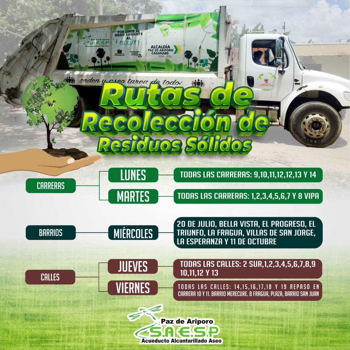 PZASAESP's tweet photo. #Rutas 🚛 Paz de Ariporo S.A. E.S.P comparte a la comunidad pazdeariporeña las rutas establecidas para la recolección de residuos sólidos.📢Recuerden que desarrollar una buena cultura ciudadana y mantener la ciudad limpia ¡Es un compromiso de Todos! ♻️🌳#PazdeAriporoSAESP https://t.co/K3Iqcck7em