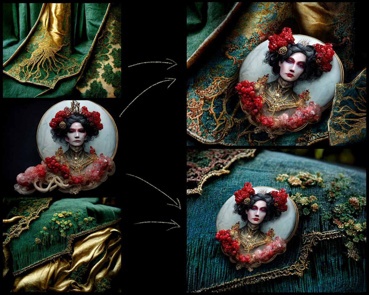 2 scenes composited &amp; overpainted w/ #midjourney images. The broach was a happy accident, but the fabric was created per my specs. Before &amp; after in 4th pic.

Being able to make whatever I want feels like I am Jean-Luc Picard barking, “Tea. Earl Grey. Hot!”
#AiArtwork #AIart