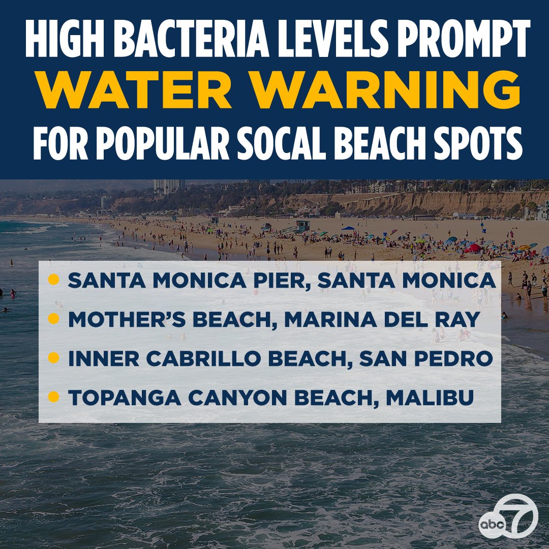 WATER WARNING: L.A. County health officials are asking residents to avoid swimming, surfing, and playing in ocean waters at the Santa Monica Pier, Mother's Beach in Marina Del Rey and other popular spots due to high bacteria levels in the water. 🌊🏖️🏄🏻‍♂️ abc7.la/3B0KTiJ