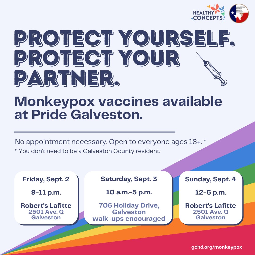 GCHDinfo's tweet photo. 🎉Stop by and celebrate Pride Galveston 🏳️‍🌈 with us this weekend! We’ll have FREE Condoms, HIV and Syphilis testing, Monkeypox vaccine for ages 18+.*
*Appointments aren’t necessary and you don’t need to be a Galveston County resident. https://t.co/3bH6A46dUa