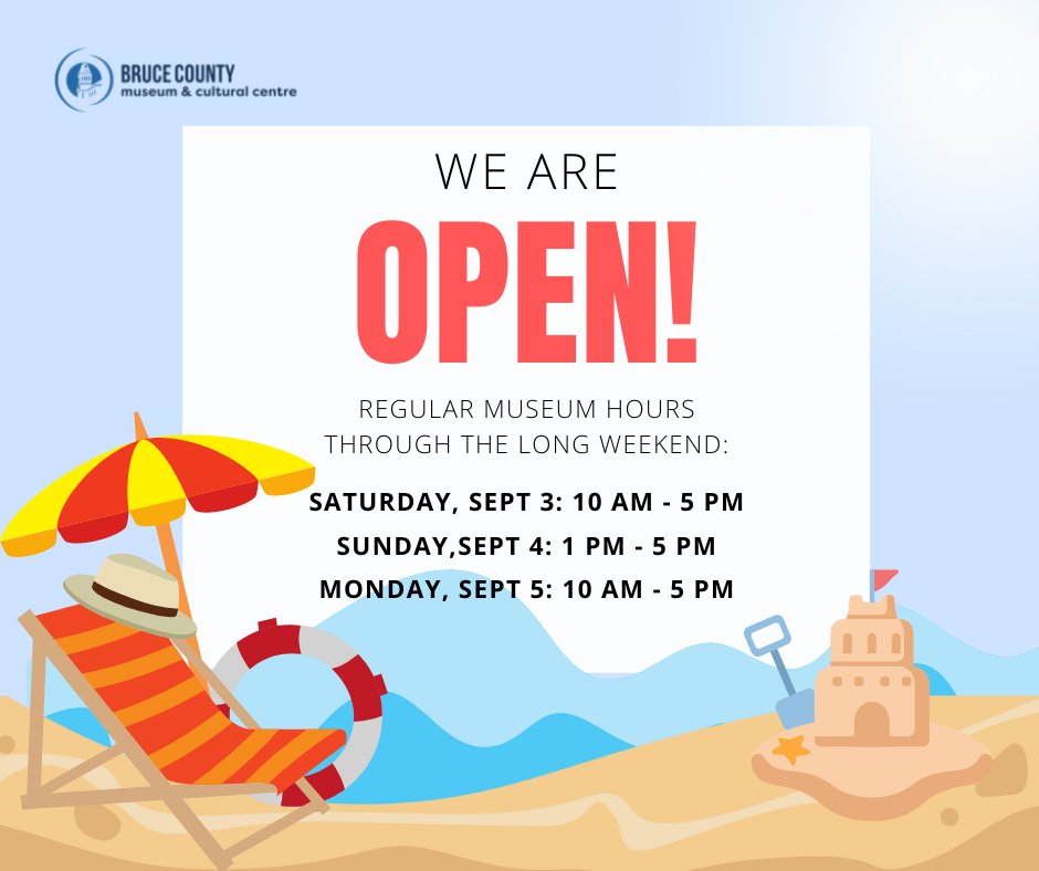 We're open through the Labour Day long weekend + it's the FINAL weekend to check out our summer exhibits Sonic Sensation and Spirit Seeds before they're gone!
Plan your visit: brucemuseum.ca/about-us/
*Archives hours differ - Saturday 10-4:30 PM ; Sunday Closed; Monday 10-4:30 PM.