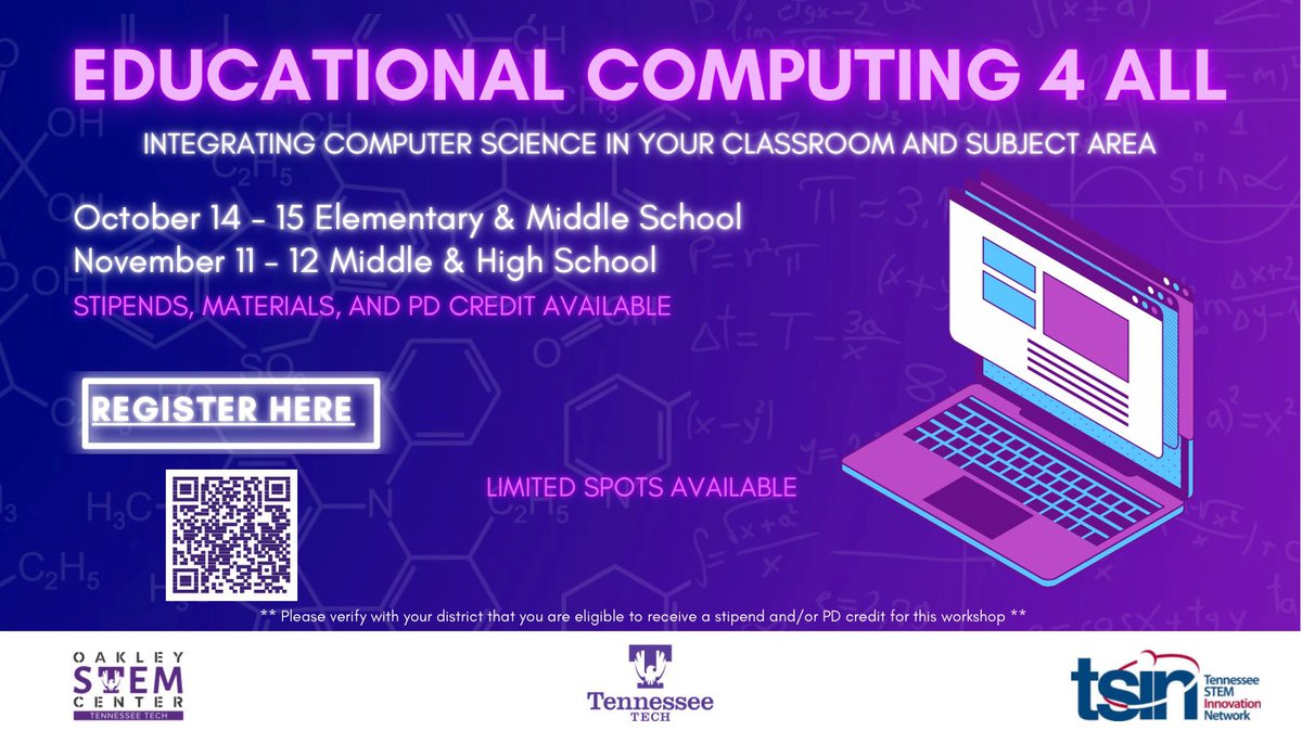1/2
Attention Educators!
Join us for our Educational Computing 4 All Workshop funded by TSIN!
October 14-15 - Elementary &amp; Middle School
November 11-12 - Middle &amp; High School
tf.tntech.edu/machform/view.…
If you have any questions, please contact Carlos Galindo at cgalindo@tntech.edu