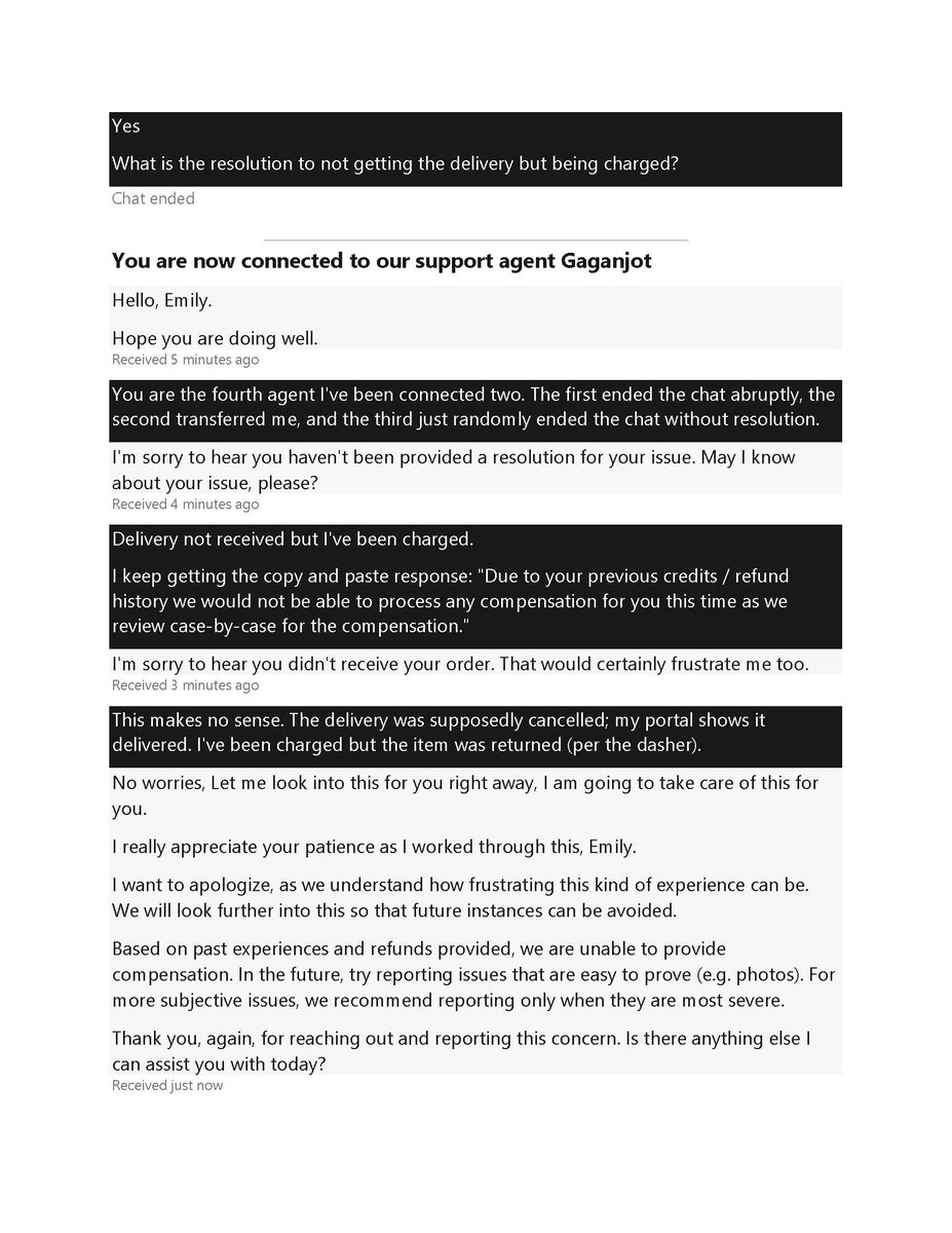 mle_iv's tweet photo. This is @DoorDash_Help attempt at customer service. Nothing delivered; no refund. Five agents on chat. And they keep abruptly ending the chat without resolution. Two agents on the phone, said they can't help. https://t.co/SJq75j620P