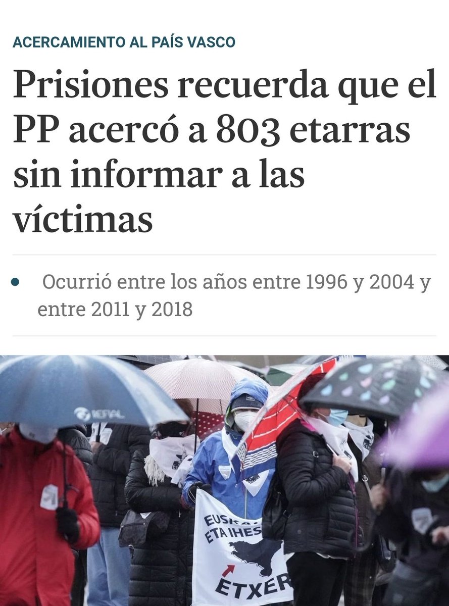 Me parece bien que Pedro Sánchez acerque a presos de ETA a cárceles del País Vasco. La ley dice que un preso paga sus crímenes en años de cárcel, no en kilómetros de distancia con la familia. Eso sí, Sánchez se queda corto. Debería aprender de Aznar y Rajoy.