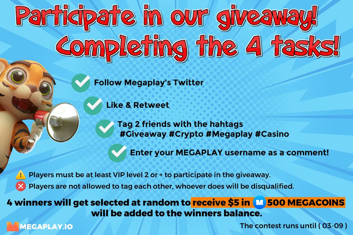 MegaPlay_io's tweet photo. Join our giveaway by completing these 4 tasks!

✅ Follow Megaplay's Twitter
✅Like &amp; Retweet
✅Tag 2 friends with the hahtags 
 #Giveaway #Crypto #Megaplay #Casino 
✅Enter your MEGAPLAY username as a comment!

The contest runs until ( 03-09 )

See the rules below. https://t.co/r1KVkyWFCA