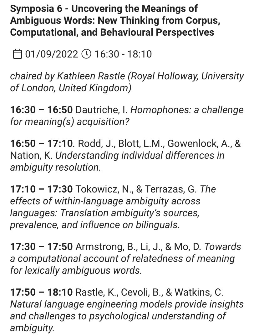 BobbyPoHengChen's tweet photo. I can’t wait to attend this symposium of AMBIGUITY, chaired by @Kathy_Rastle, at #ESCOP22. What an amazing cast! 🤩 https://t.co/HdOBx7lOKq