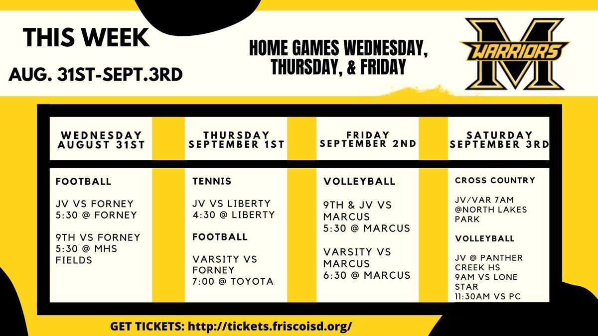 ⚫️🟡🚨Come check out your Warriors in action this week!🚨🟡⚫️