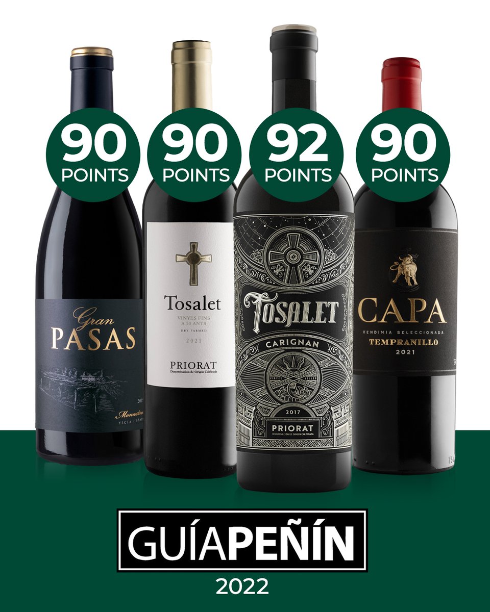 Nice harverst in <a href="/guiapenin/">Guía Peñín</a> 2022! 🇪🇸🍷
---
Gran cosecha en <a href="/guiapenin/">Guía Peñín</a> 2022! 🇪🇸🍷
9️⃣2️⃣pts TOSALET Carignan 2017
9️⃣0️⃣pts TOSALET Vinyes fins a 50 anys 2021
9️⃣0️⃣pts GRAN PASAS Monastrell 2019
9️⃣0️⃣pts CAPA Tempranillo Vendimia Seleccionada 2021