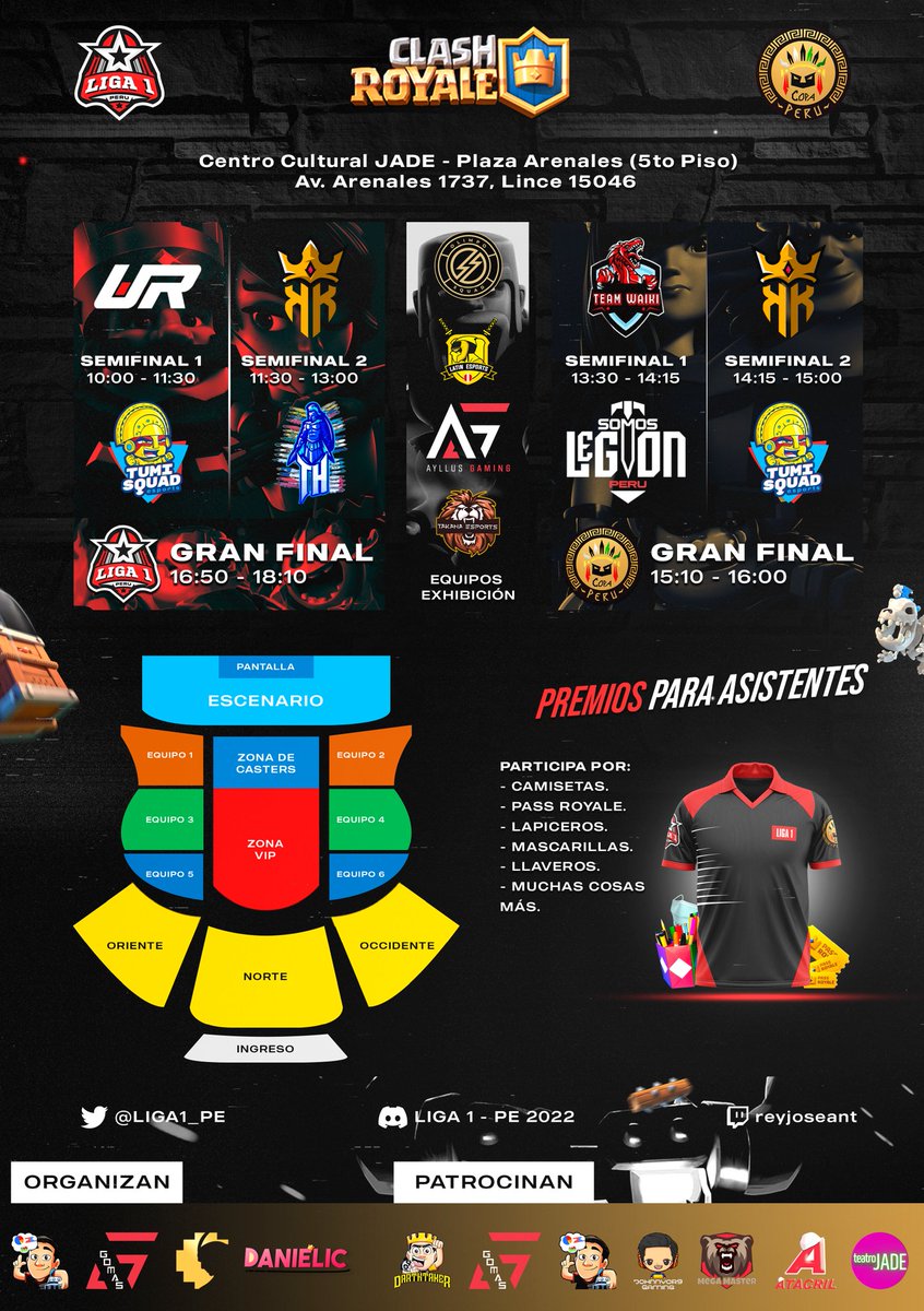LIGA 1 PERÚ (@liga1_pe) on Twitter photo #CR | #Presencial | <a href="/EsportsRoyaleES/">Esports Royale ES</a>
Nos complace invitarlos el 11 de Setiembre al evento Presencial de Clash Royale en Perú 🇵🇪 "Finales de <a href="/LIGA1_PE/">LIGA 1 PERÚ</a> - 2da Edición"
🏛️ Centro Cultural JADE - CC Arenales Lince - Lima
🎥 twitch.tv/reyjoseant
⏰ 9:45 AM
Los esperamos 🎊🎊🎊 #CR | #Presencial | <a href="/EsportsRoyaleES/">Esports Royale ES</a>
Nos complace invitarlos el 11 de Setiembre al evento Presencial de Clash Royale en Perú 🇵🇪 "Finales de <a href="/LIGA1_PE/">LIGA 1 PERÚ</a> - 2da Edición"
🏛️ Centro Cultural JADE - CC Arenales Lince - Lima
🎥 twitch.tv/reyjoseant
⏰ 9:45 AM
Los esperamos 🎊🎊🎊