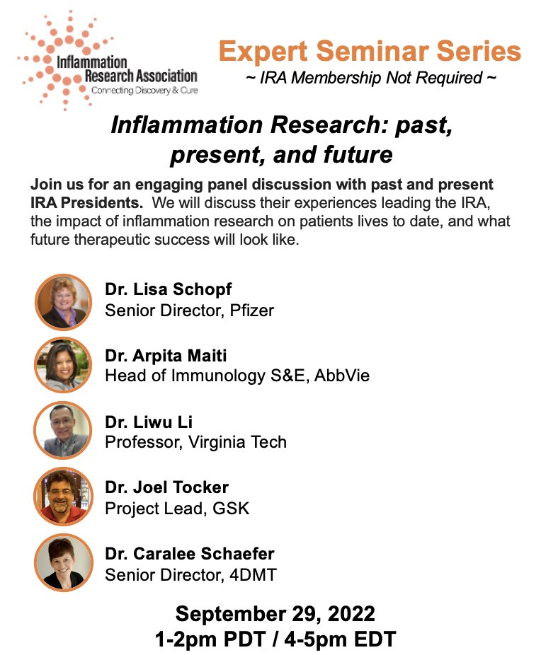 AlbertSek's tweet photo. Join us for the next #Inflammation Research Association Expert Seminar Series on Sept 29 from 1-2pm PDT/4-5pm EDT. Our speakers will include IRA presidents: Lisa Schopf, Arpita Maiti, Liwu Li, Joel Tocker, Caralee Schaefer. Register here: https://t.co/YA1eF5420c https://t.co/uLZFdX0gfO
