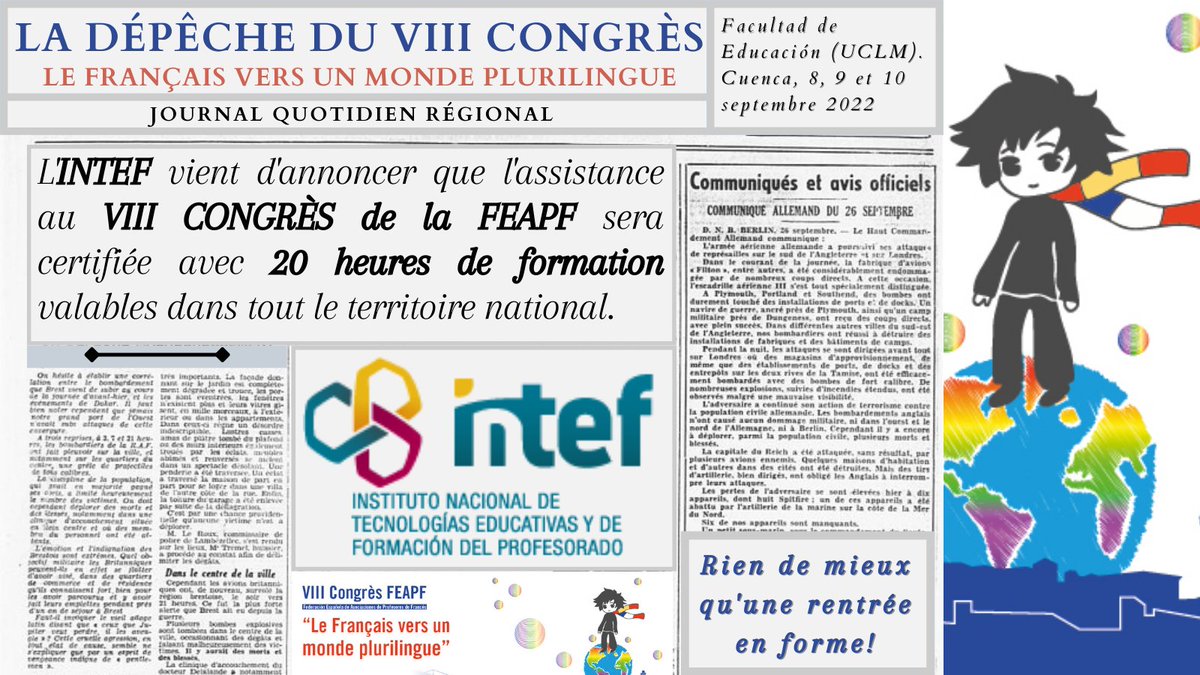 Chers assistants au VIII Congrès de la FEAPF, on est heureux de vous annoncer que l' #intef va expédier une certification de 20 heures valable à niveau national.
La Consejería de Educación de Castilla-La Mancha anime à l'inscription dans notre congrès.
educa.jccm.es/es/sistema-edu…