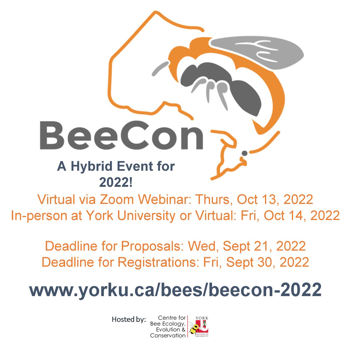 Register &amp; submit your abstract now for BeeCon2022! #BeeCon is a hybrid (virtual &amp; in person) conference at YorkU Oct 13-14 that brings local through international bee biologists together to discuss #bee behaviour, taxonomy, genomics, ecology, conservation yorku.ca/bees/beecon/