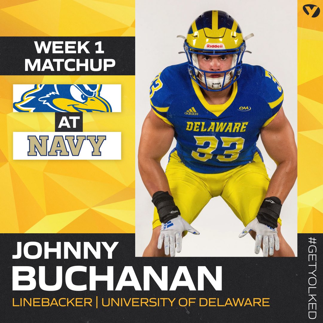 Good luck to @J_Buchanan_1 and @DelawareFB this week at Navy. #teamyolked 💪