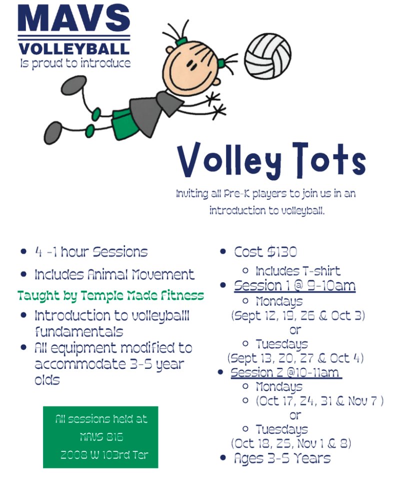 🍁NEW this Fall for Pre-K kiddos🍁
MAVS Volley Tots with Animal Movement by @templemadefitness 
Visit mavskc.com/programs for more information and to register! 
#volleytots #gomavs #animalmovement