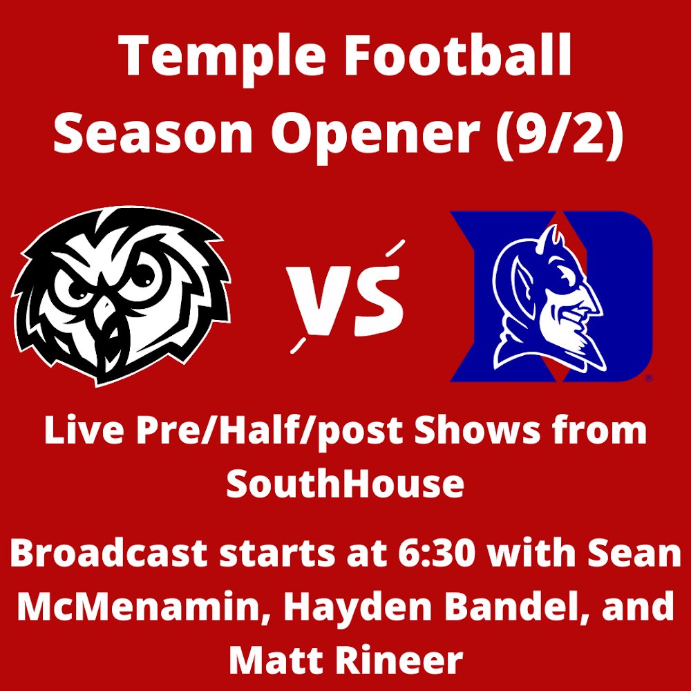 WHIP Sports (@whip_sports) on Twitter photo Temple Football’s Season Opener is just a few days away!
Join us at <a href="/SoHoPhilly/">SouthHouse</a> for football, food, and fun!
Our live pregame show will air at 6:30 with shows to follow at halftime and when the clock hits zero.
Make sure to come on out and support or listen to the broadcast! Temple Football’s Season Opener is just a few days away!
Join us at <a href="/SoHoPhilly/">SouthHouse</a> for football, food, and fun!
Our live pregame show will air at 6:30 with shows to follow at halftime and when the clock hits zero.
Make sure to come on out and support or listen to the broadcast!