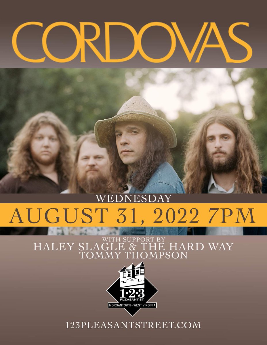 123pleasant's tweet photo. Tonight Nashville Americana Rock act Cordovas make their Morgantown debut. Doors 7pm with opening sets  from Haley &amp; the Hard Way and Tommy Thompson. $15 18&amp;up
@CORDOVASBAND #123pleasant #Morgantown #WestVirginia #WVU #HailWV #GotoWV #Mountaineers #BeatPitt #Eers #GoldnBlue https://t.co/fdRjN94NJB