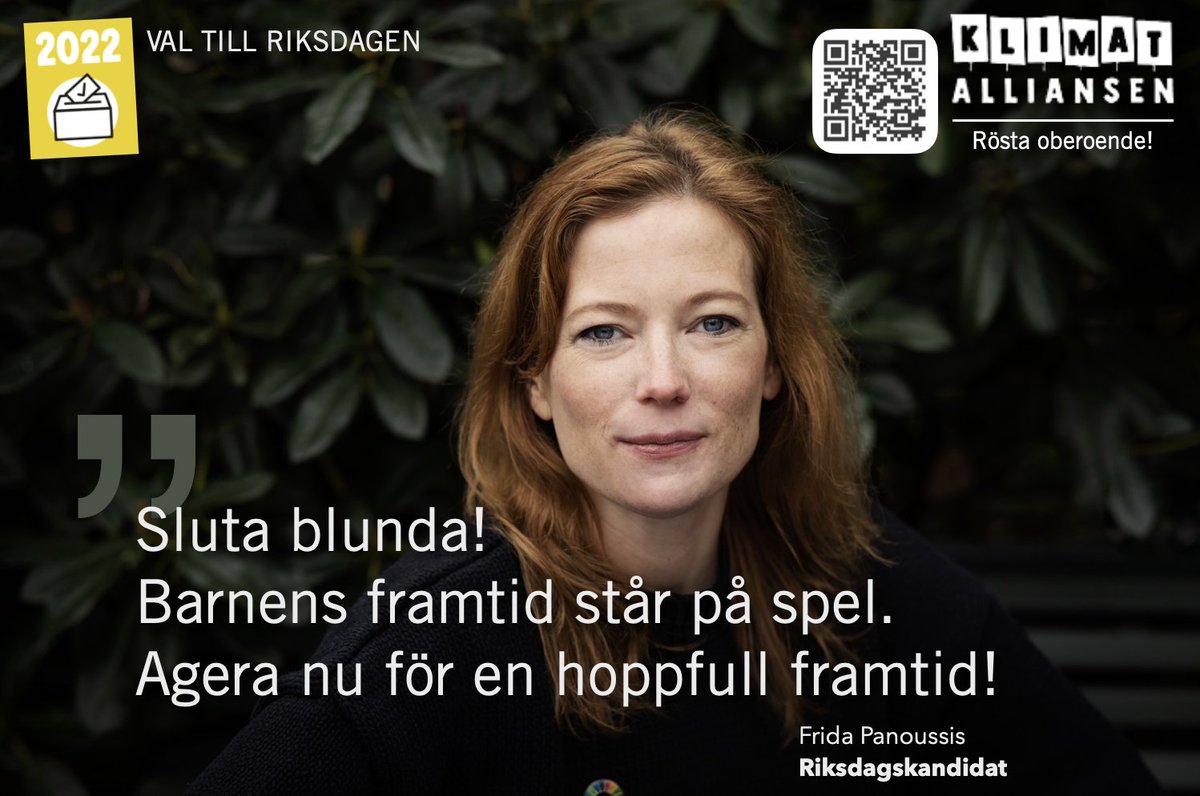 klimatalliansen's tweet photo. Rösta oberoende i valet den 11 september på ett kreativt alternativ som står över blockgränserna, enade mot klimatkrisen! #svpol #val2022 @fridaRit https://t.co/8LsCZaaQjC