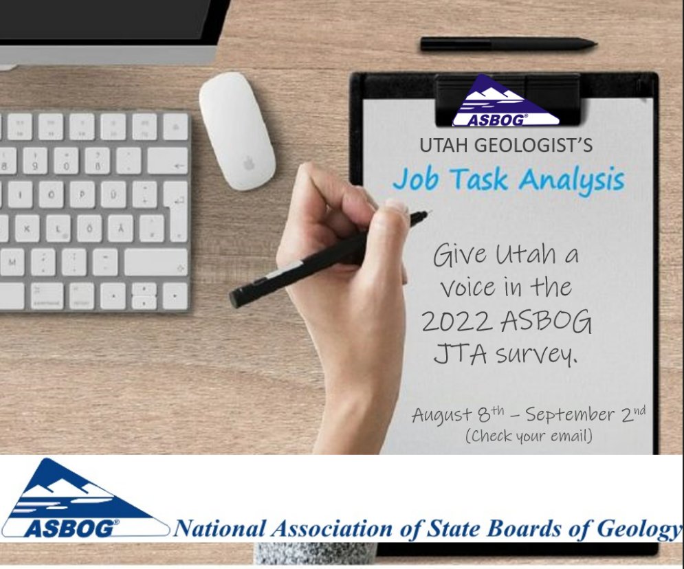 UtahCommerce's tweet photo. Attention Utah Geologists! Today is your final day to submit your Task Analysis Survey to The Association of State Boards of Geology. ✏️
#utahgeologists #geology #survey #dopl #utahcommerce https://t.co/iKVDKfi2Yf