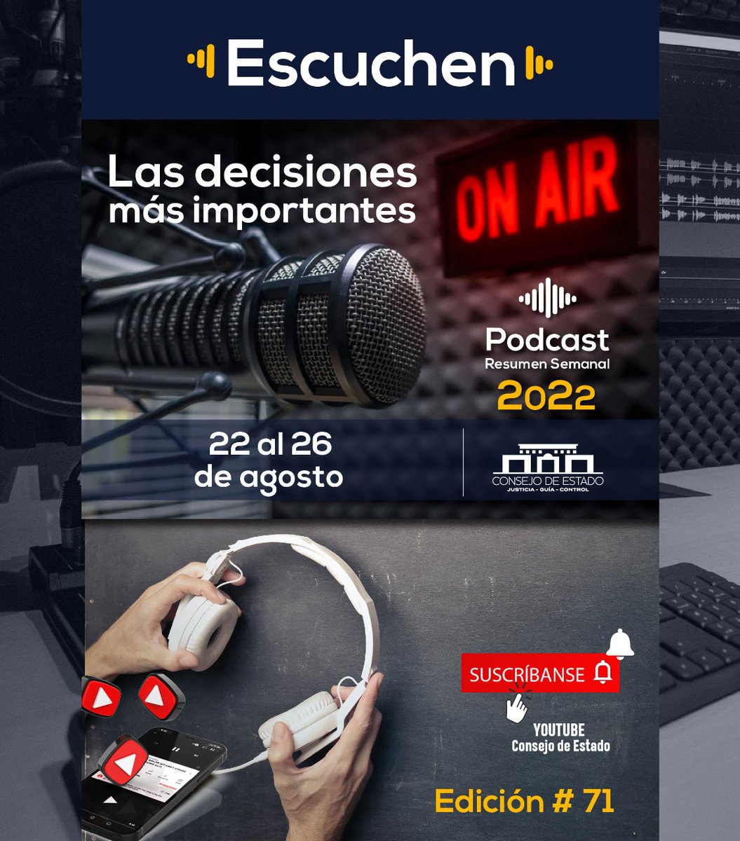 consejodeestado's tweet photo. #PodcastCE #ResumenNoticioso | 📻🎙Recuerden escuchar el resumen de las decisiones más importantes en el @consejodeestado
Semana del🗓22 al 26 de agosto de 2022
✅ ESCUCHE EL PODCAST EDICIÓN #71 Y SUSCRÍBASE👉https://t.co/mYDY3ZPNMa
#decisionesjudiciales #DecisionesCE https://t.co/NU2VUVF8l0
