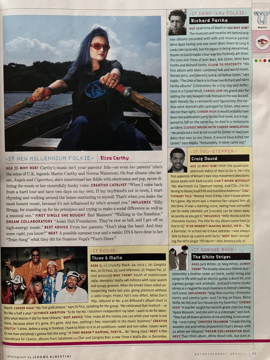 Pg 89: 

It New Millennium Folkie: Eliza Carthy (25)

It Posse: Three 6 Mafia 

It Dead ‘60s Folkie: Richard Farina (29 at time of death)

It Two-Stepper: Craig David (20)

It Garage Band: The White Stripes