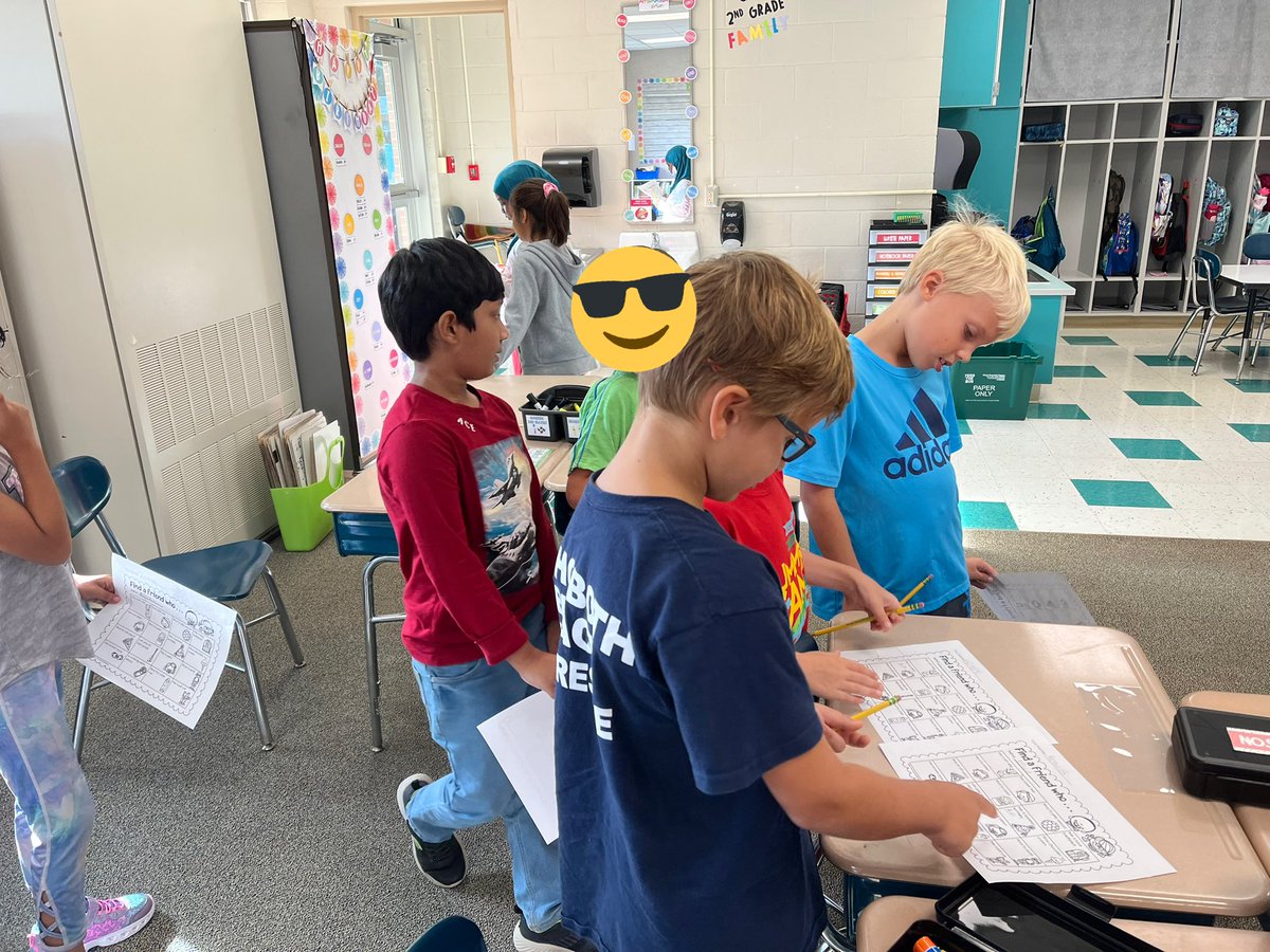 mrs_dingess's tweet photo. For Morning Meeting this week, we’ve been learning about our classmates. We now have a secret handshake with someone in our class and we had a scavenger hunt to learn new facts! @CombsCatchUp https://t.co/JDfP4Zb6QG