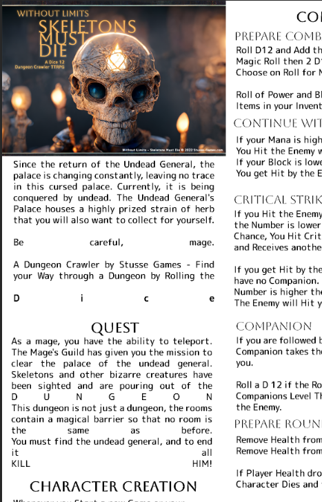Working on our next Dicey Without Limits TTRPG

Skeletons Must Die
Dungeon Crawler designed with, Without Limits SDR
stusse-games.itch.io/without-limits…

#ttrpg #dice #gambling #rpg #gamedesign #game #dungeonsanddragons #dungeon #gamedev #gameidea #indie #indiedev #indiegame #indiegames