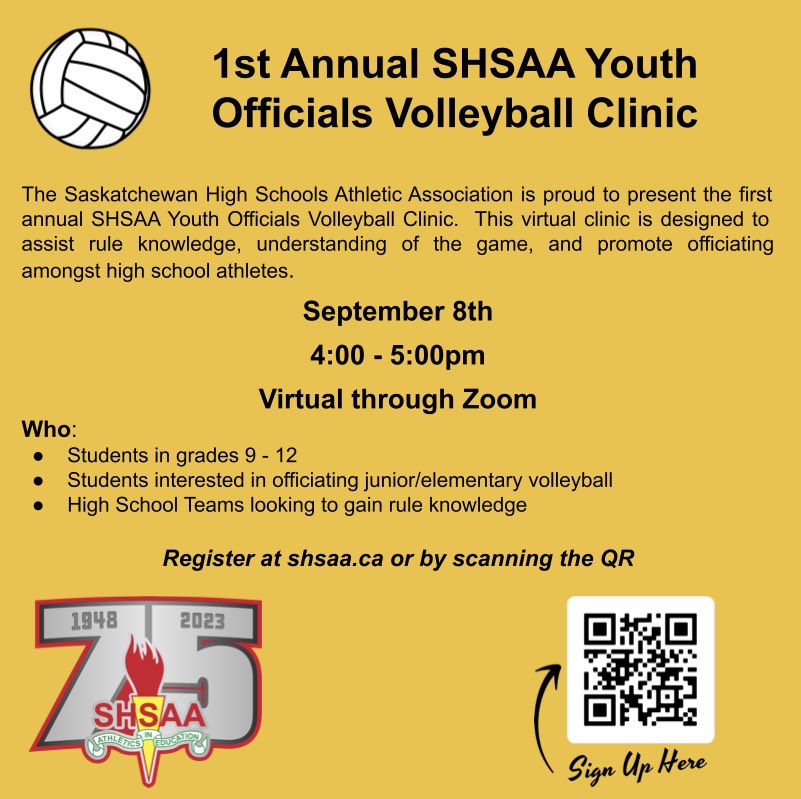 1st Annual SHSAA Youth Officials 🏐 Clinic

September 8th 
4:00-5:00pm

Visit Shsaa.ca for more information