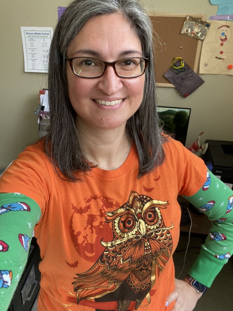 AngelaDearmond's tweet photo. Mismatch Day! Halloween shirt with a Christmas shirt! #StinsonHowdyWeek @NISDStinson #VHawks #SkyhawkPride https://t.co/zixyYJ4grR