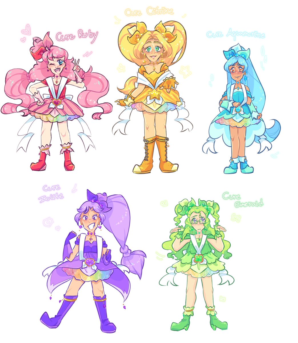cutestpigeon's tweet image. THEY'RE DONE! My re-designs of my very first fanteam, Rainbow Radiance! Can you believe I first made them 7 years ago?