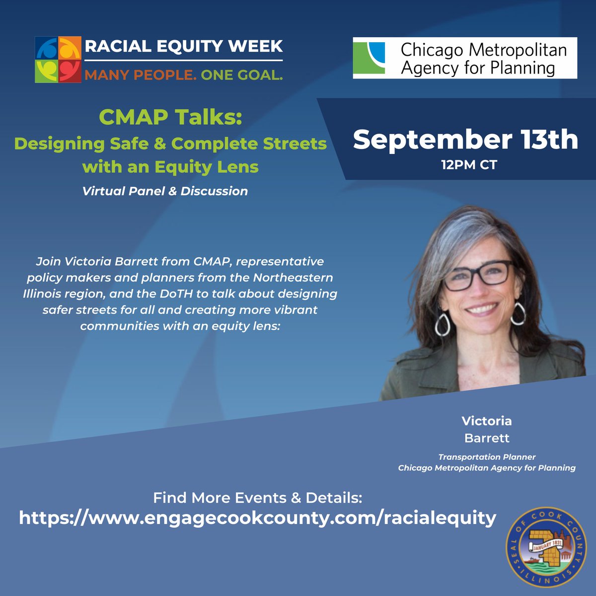 cookcountygov's tweet photo. In less than 2 weeks join @cmapillinois for a virtual panel to discuss designing safer streets and creating more equitable means of transportation in the community. #racialequityweek Register here: https://t.co/b3rjxLa50n https://t.co/mHMGcD3rmG