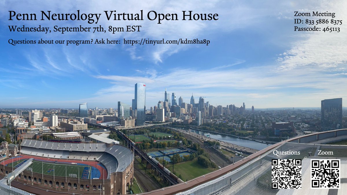 University of Pennsylvania Neurology (@pennneurology) on Twitter photo Join to learn more about the Neurology team <a href="/Penn/">Penn</a> <a href="/PennMedicine/">Penn Medicine</a> <a href="/PennNeurology/">University of Pennsylvania Neurology</a>
Wednesday, September 7th, 8-9pm on Zoom
Link for questions: forms.gle/bCJZbd2BMsLU4E…
Zoom Meeting ID: 833 5886 8375
Passcode: 465113 Join to learn more about the Neurology team <a href="/Penn/">Penn</a> <a href="/PennMedicine/">Penn Medicine</a> <a href="/PennNeurology/">University of Pennsylvania Neurology</a>
Wednesday, September 7th, 8-9pm on Zoom
Link for questions: forms.gle/bCJZbd2BMsLU4E…
Zoom Meeting ID: 833 5886 8375
Passcode: 465113