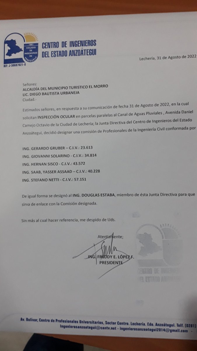 cianz's tweet photo. @manuelferreiraG En respuesta a la solicitud de inspeccion ocular realizada por la alcaldía de  Urbaneja,   fue  designada una comisión conformada por los ingenieros :
Ing. Stefano Netti, Ing.Hernán Sisco, 
Ing. Yasser Asad,
 Ing. Giovanni Solarino 
Ing. Gerardo Gruber https://t.co/SlVcpPiaNc