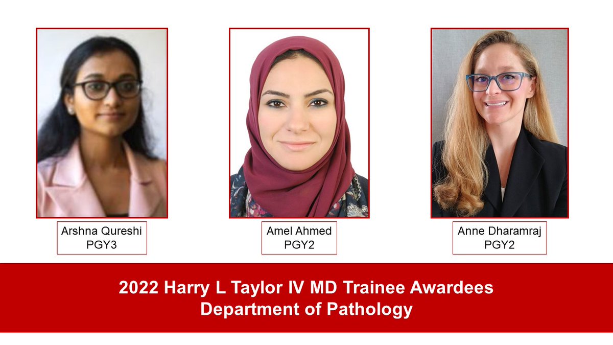 Congratulations to the 2022 Harry L Taylor IV MD Trainee Awardees, Arshna Qureshi, Amel Ahmed, &amp; Anne Dharamraj!

Given to a resident/fellow in the Dept of Pathology to support presentation of trainee research at local/regional/ national meetings. #uhcmcpathology #PathTwitter