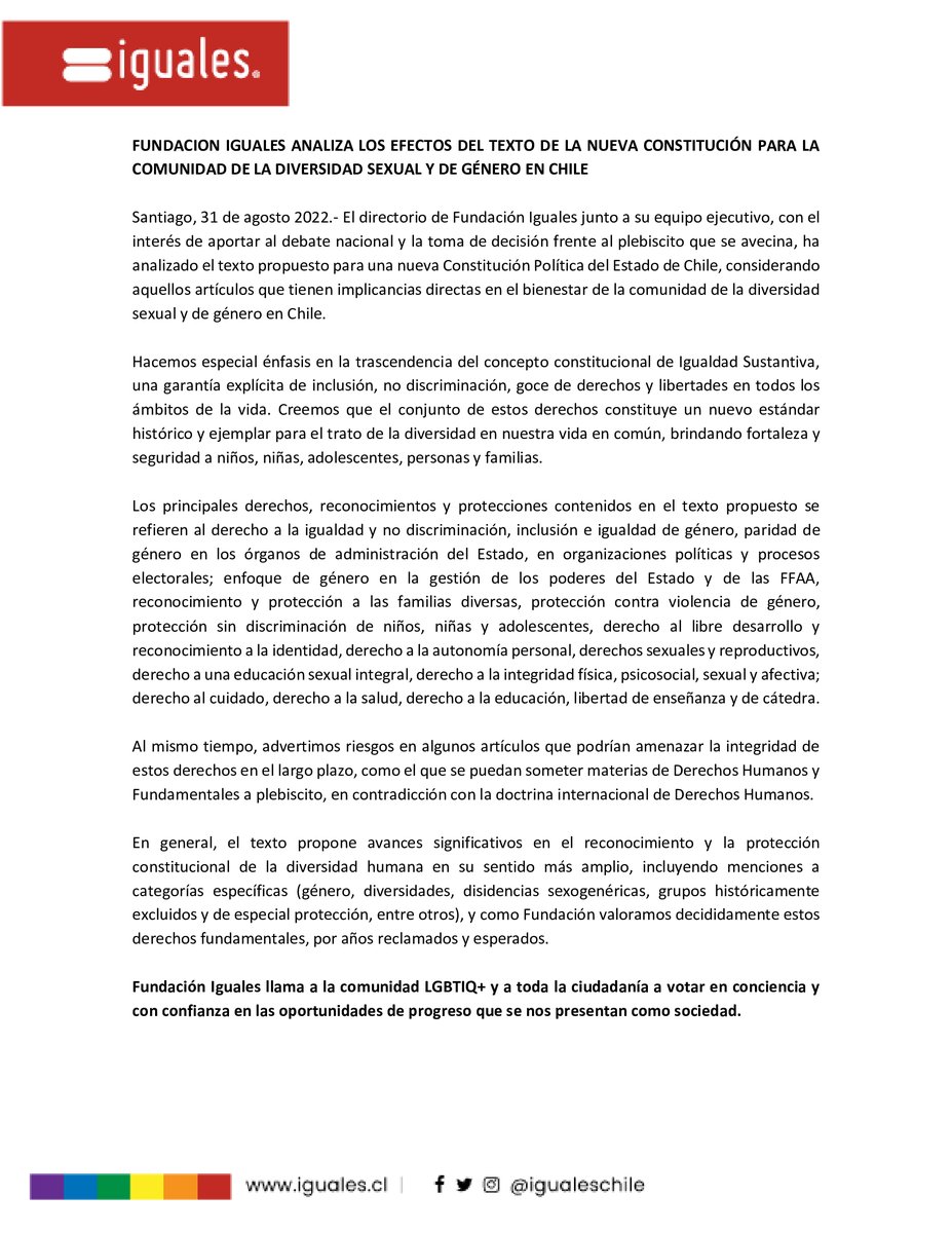 🔴 Frente al #PlebiscitoDeSalida, el Directorio de Fundación Iguales comparte su análisis sobre la propuesta de #NuevaConstitución.
