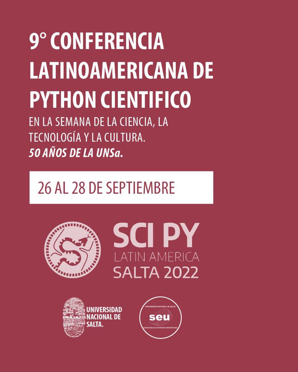 cmaureir's tweet image. Lo que se viene en Salta Argentina (¡en menos de un mes!) tiene mucho cariño y fuerza de mucha gente involucrada. Se viene la nueva versión de la conferencia SciPy Latin America 🐍🎉 ¡No te la pierdas! pythoncientifico.ar #python #latam #hablemospython #scipy