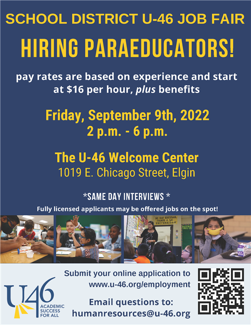 sdu46's tweet photo. Join our job fairs, Friday, 9/9 (2-6 pm) for paraeducators and Saturday, 9/10 (9 am - noon), for all open vacancies, and explore employment opportunities at U-46. More details at https://t.co/52dNbzDLk5 https://t.co/OkFMpsCrQa