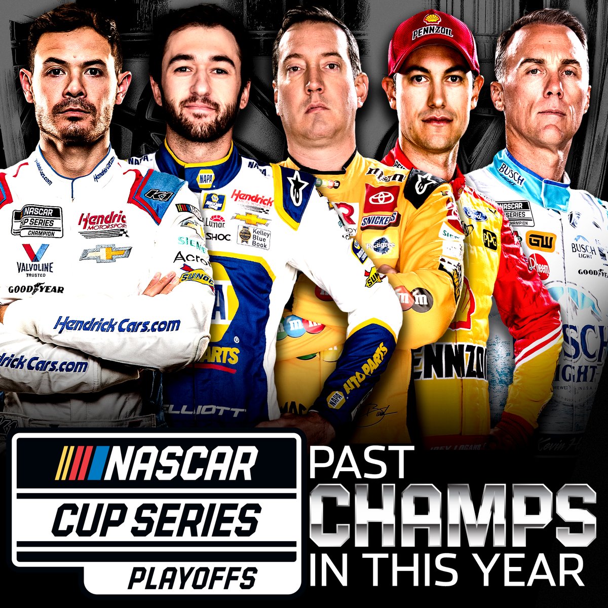 NASCARonUSA's tweet photo. Five drivers in the #NASCARPlayoffs have won the championship before. 🏆 

@KyleLarsonRacin, @chaseelliott, @joeylogano and @KevinHarvick are looking to become two-time champs, while @KyleBusch is trying to become the 10th three-time champ. https://t.co/LKNSwgiJUM
